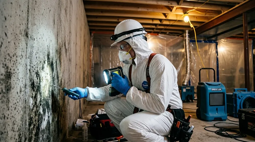 A technician in a hazmat suit inspects a black mold-covered basement wall using a flashlight.