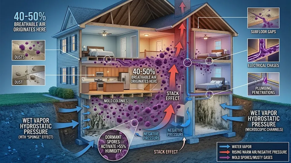 An infographic showing water vapor and mold spores rising from a basement into the upper floors of a house.