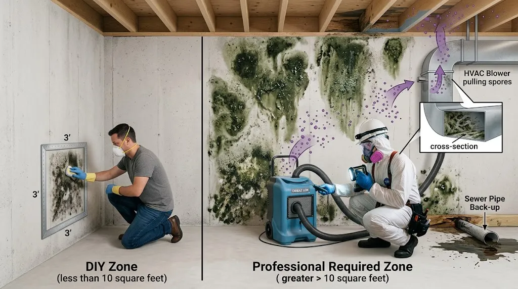 A split-panel guide comparing a small DIY mold cleanup area with a large professional mold removal job.

