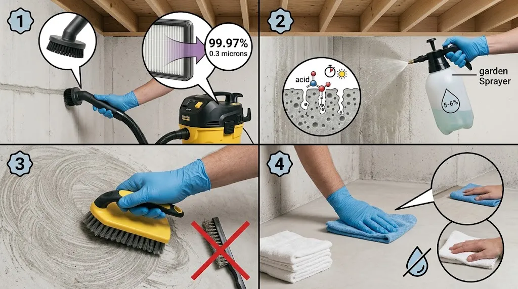 A four-step diagram demonstrating cleaning with a HEPA vacuum, a garden sprayer, a scrub brush, and microfiber cloths.

